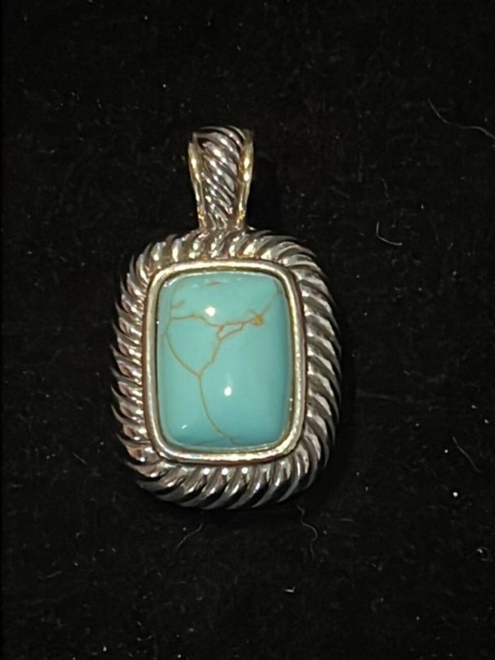 Rectangle Turquoise Set in Silver Tone Rope Frame Pendant